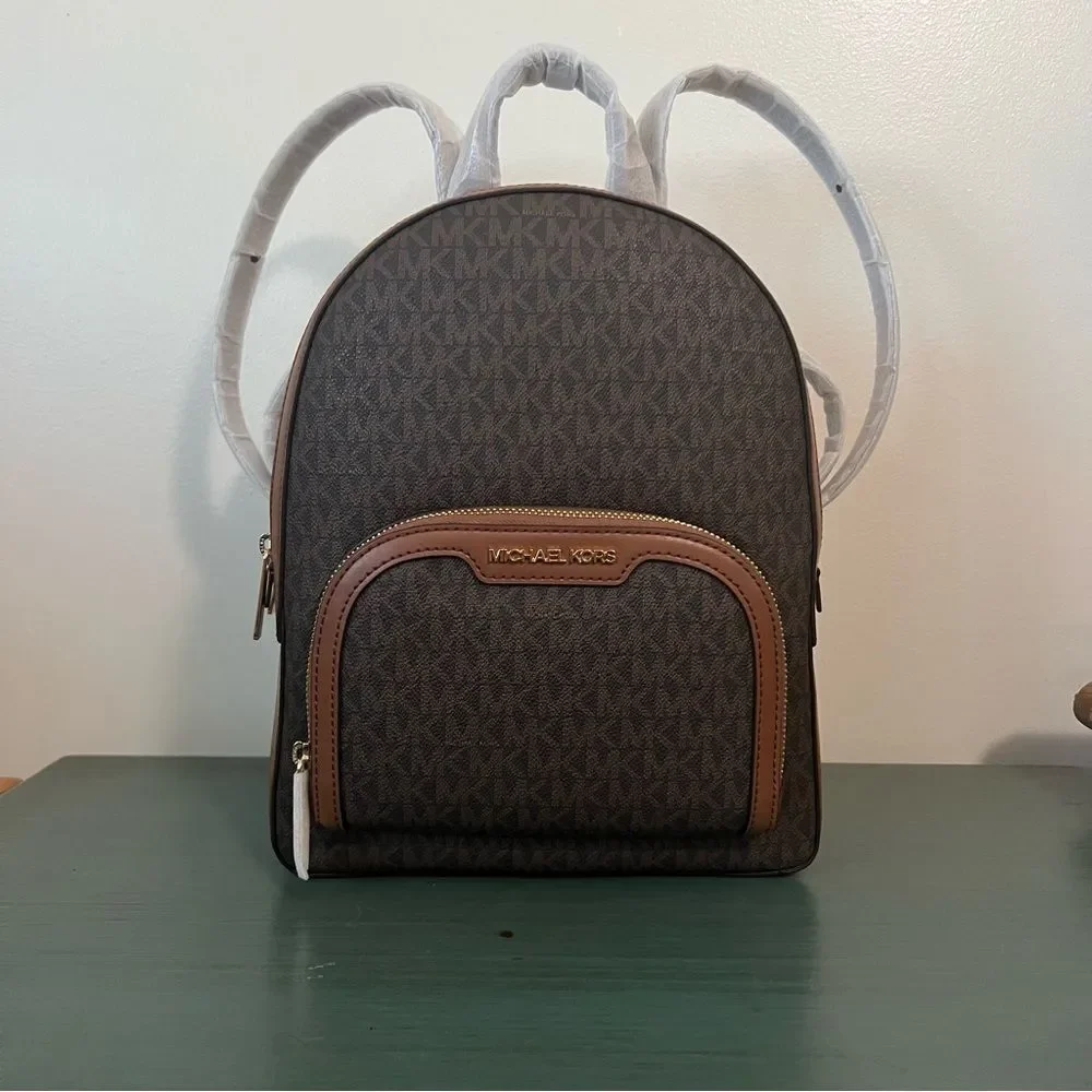 Michael Kors‎ Jaycee Medium Backpack Brown Signature MK Logo Leather Trim